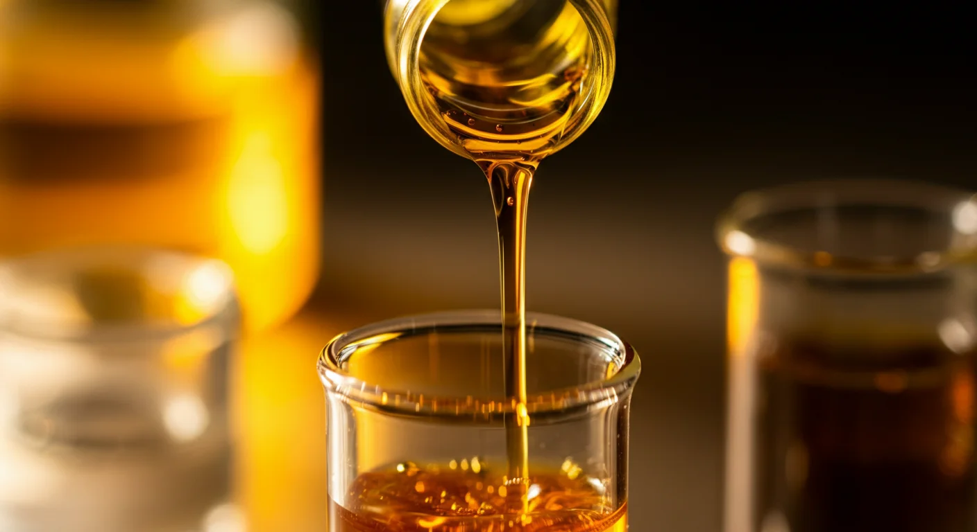 Extraction de resine de chanvre ambree versee dans un recipient en verre en laboratoire