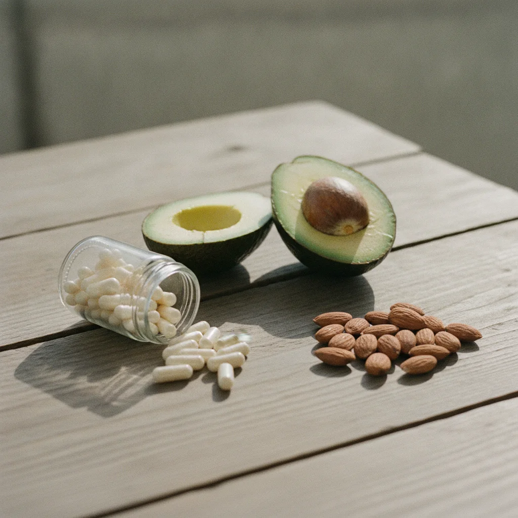 Capsules de CBD et gélules posées à côté d'aliments gras comme des avocats et des noix sur une table