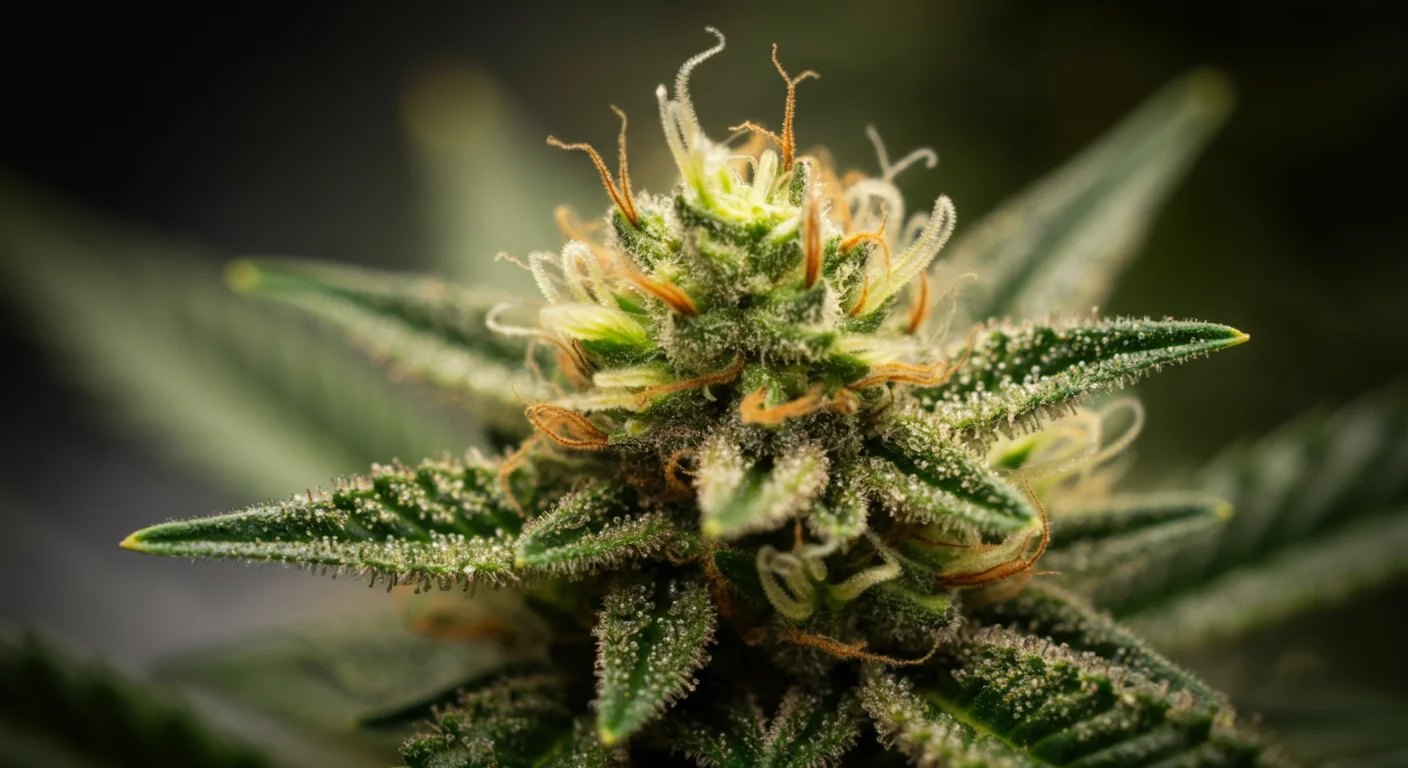 Gros plan sur des trichomes brillants de fleurs de chanvre sous une lumière naturelle douce