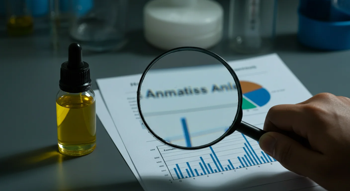 Main tenant une loupe au-dessus d'un rapport de laboratoire avec des graphiques et un flacon de CBD en arriere-plan