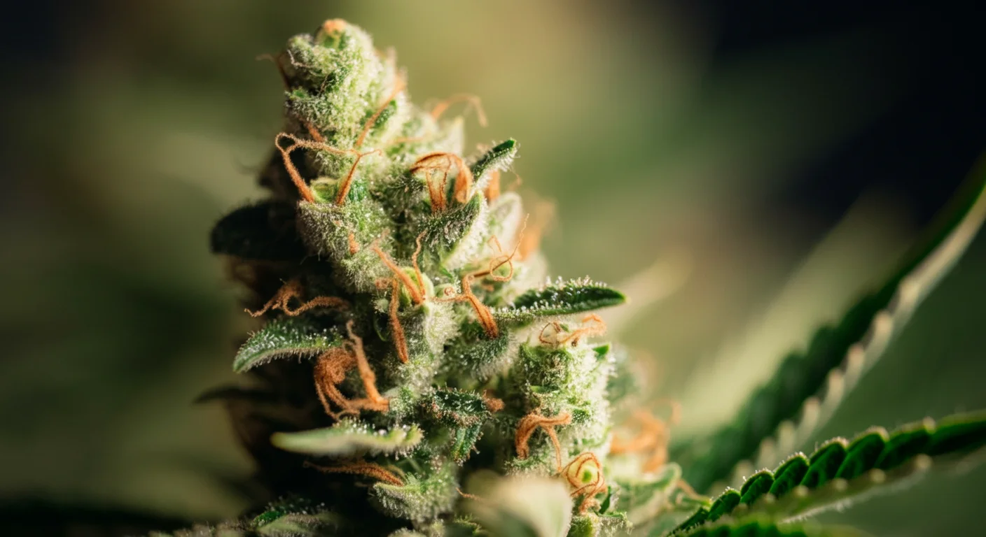 Gros plan sur des trichomes brillants et des terpenes sur une fleur de chanvre, lumière naturelle douce