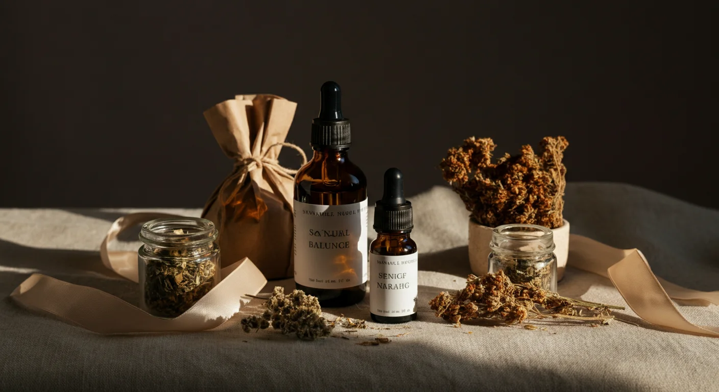 Assortiment de petits contenants de CBD, huile, fleurs séchées et résine présentés en cadeau avec ruban naturel