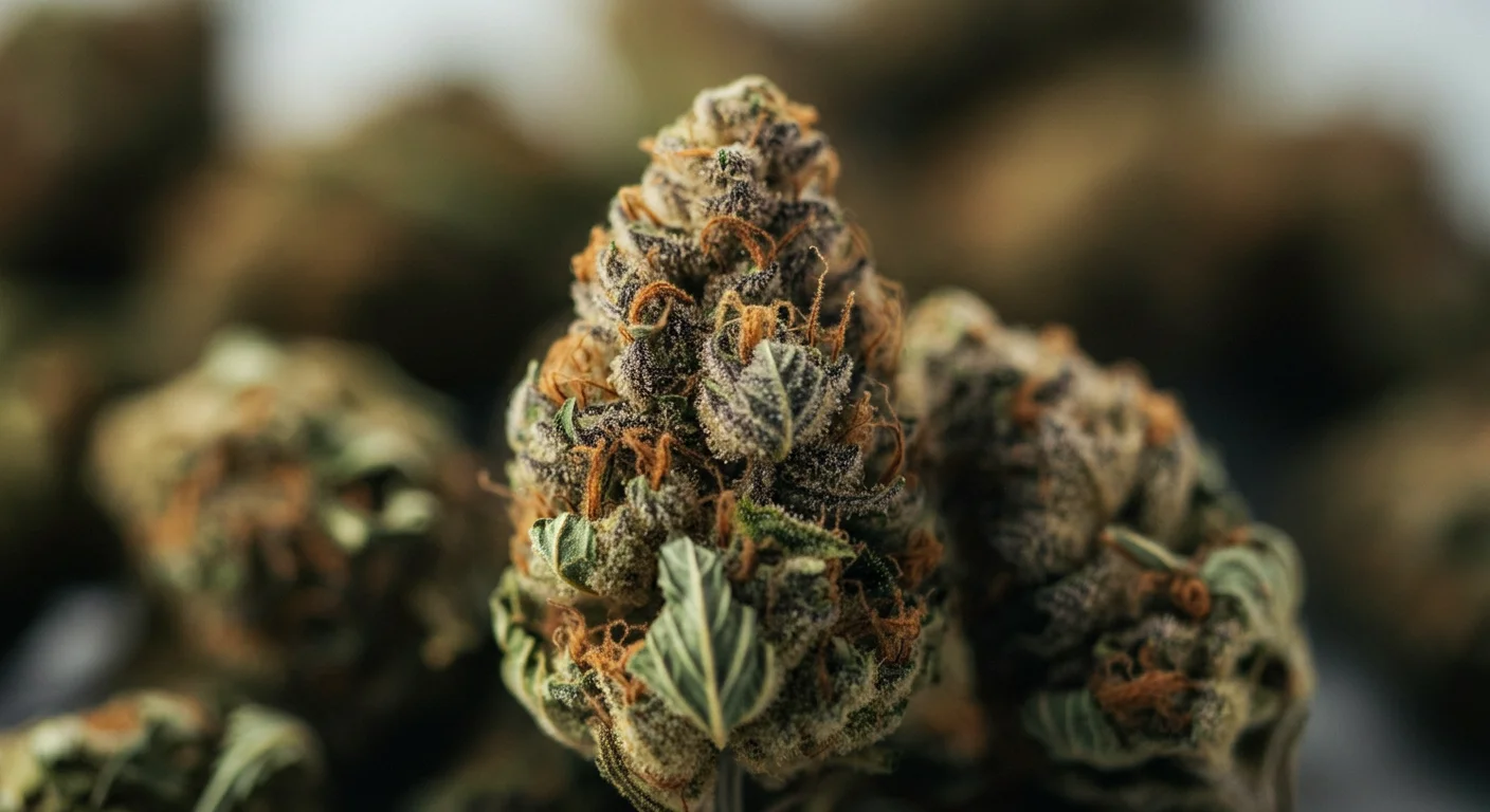 Gros plan sur des fleurs de chanvre CBD séchées avec des trichomes visibles, ambiance chaleureuse et naturelle