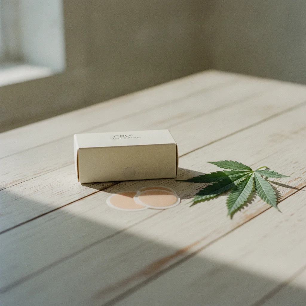 Boîte et patchs CBD individuels posés sur une table en bois clair avec une feuille de chanvre à côté
