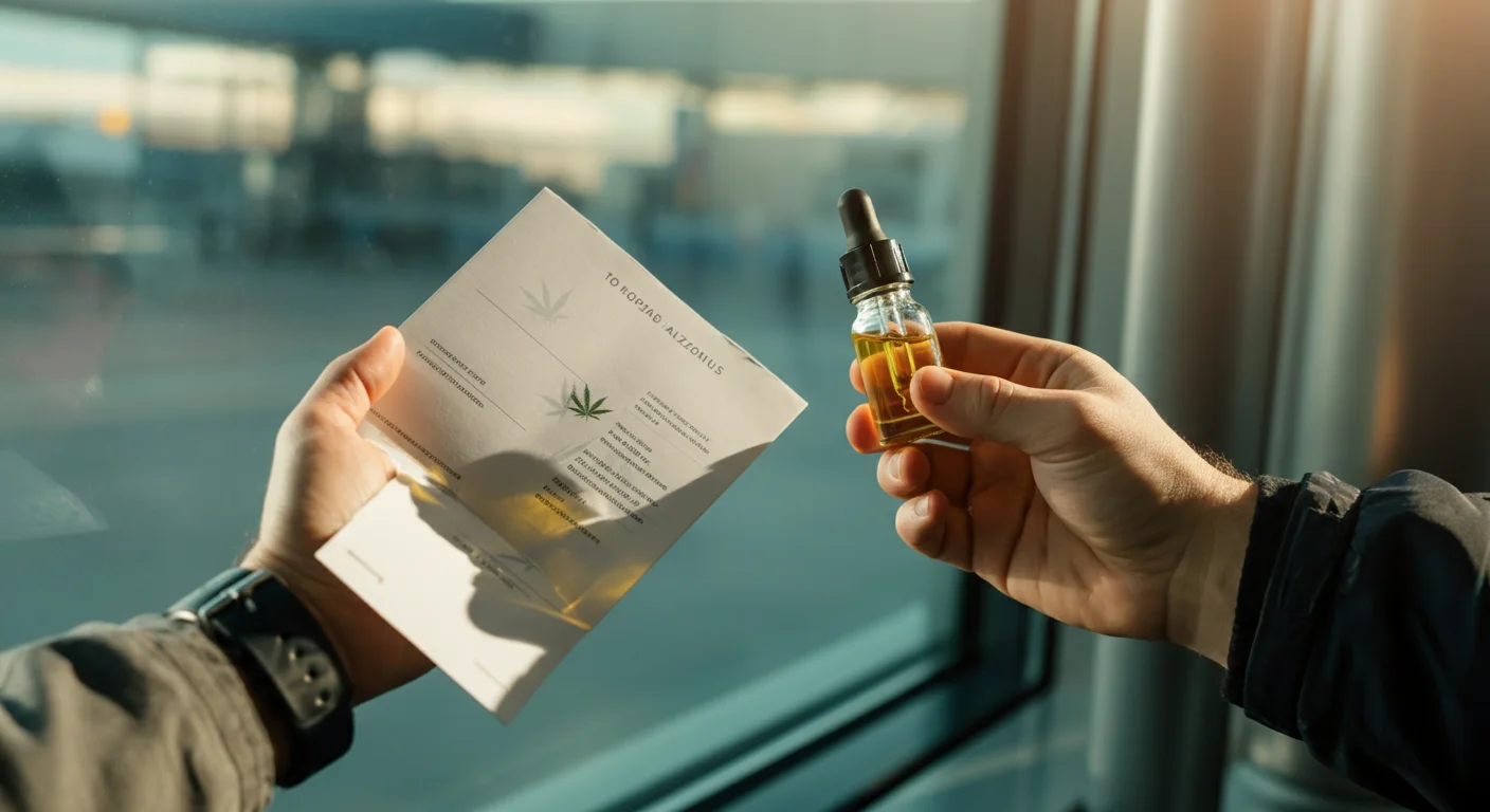 Passager verifiant un flacon d'huile CBD et un certificat d'analyse avant l'embarquement dans un aeroport