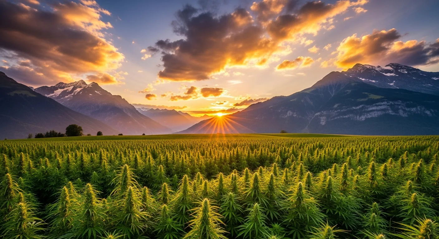 Champ de chanvre CBD suisse avec les Alpes